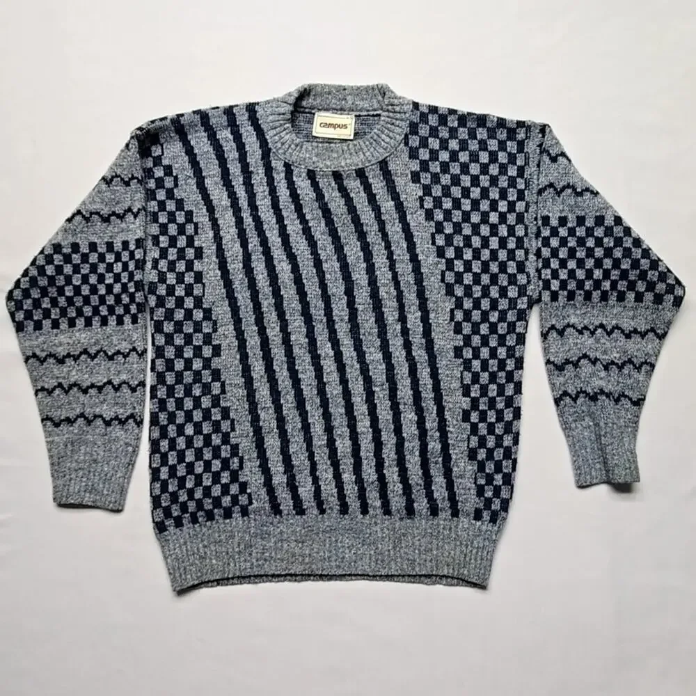 Vintage Checkered Pattern Sweater Campus Gray Blue Knit Mens Small 80s